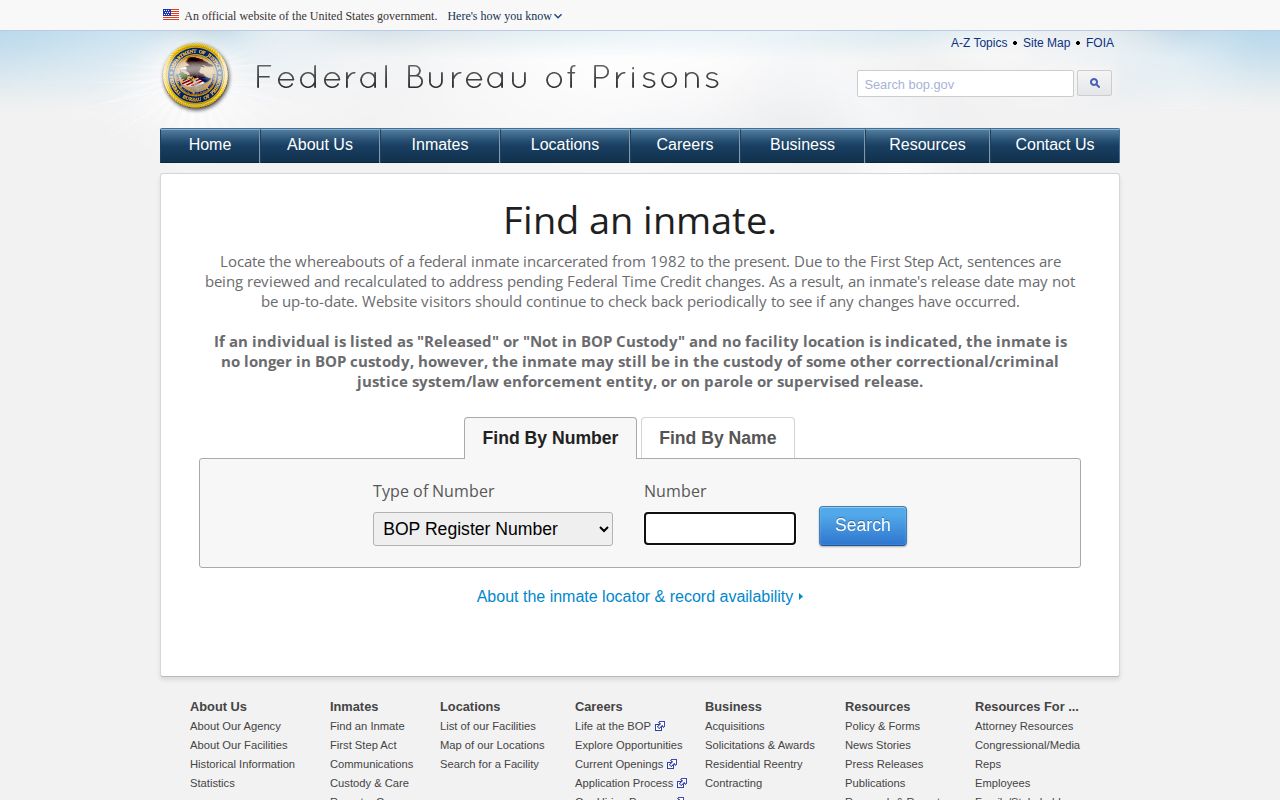 Federal BOP locator for a Big Stone County federal release record